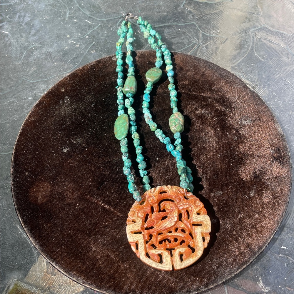 Handcrafted Turquoise and Orange Pendant Necklace - Picture 3 of 11